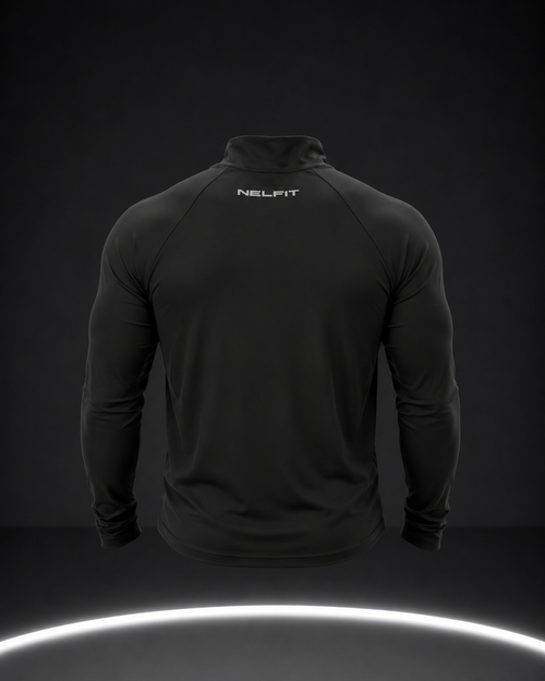 Black athletic jacket with 'NELFIT' branding on a dark background